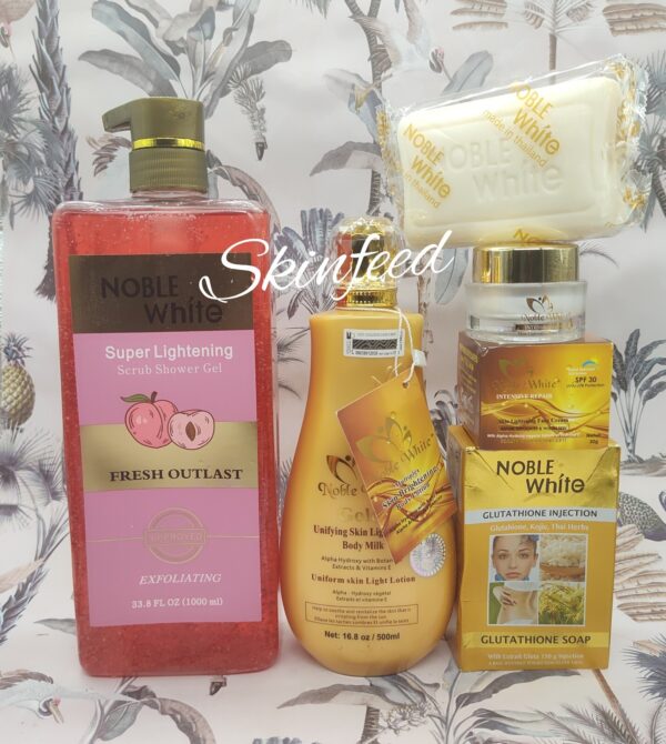 Noble white Glutathion & Kojic body Lotion, exfoliating soap, F.cream & Gel 👌x1