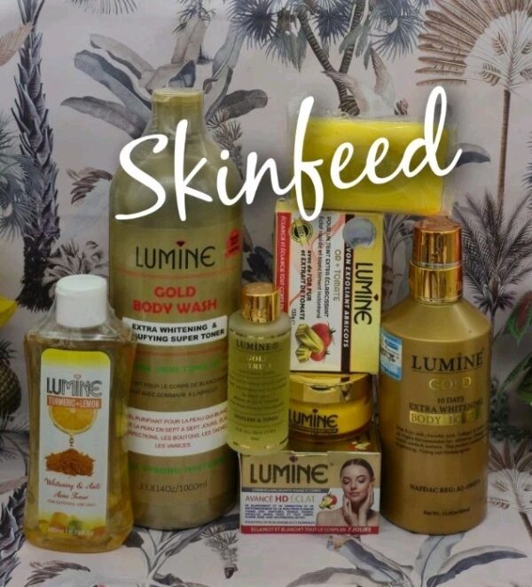 6pcs LUMINE Gold Body Wash + Lotion 400ml + Serum + Soap + Toner + Face Cream
