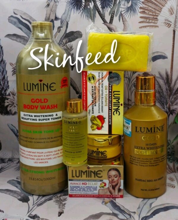 5pcs LUMINE Gold Body Wash + Lotion 400ml + Serum + Face Cream & Soap