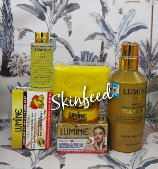 5pcs LUMINE Gold Body Wash + Lotion 400ml + Serum + Face Cream & Soap