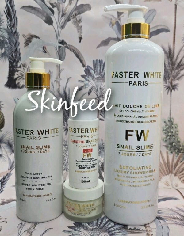 Faster White Snail Slime Shower Milk, Body Lotion, Serum, & Facecream.