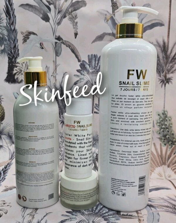 Faster White Snail Slime Shower Milk, Body Lotion, Serum, & Facecream.