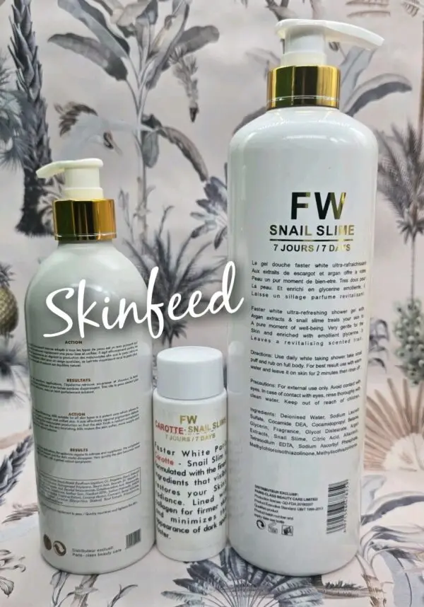 Faster White Snail Slime Shower Milk, Body Lotion, Serum, & Facecream.