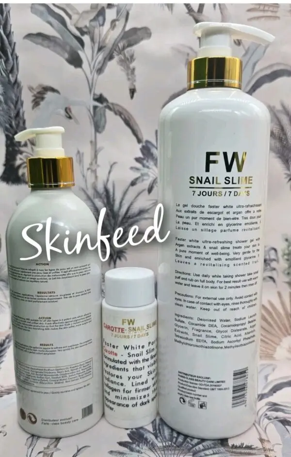 Faster White Snail Slime Shower Milk, Body Lotion, Serum, & Facecream.
